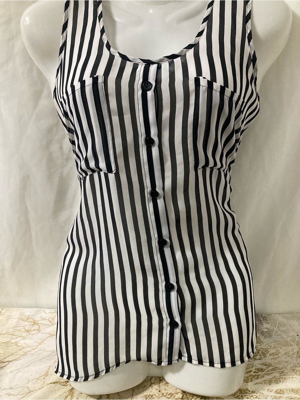 Anonyme Sans Toi Black White Striped Sleeveless Blouse XS Button Front Tank Top